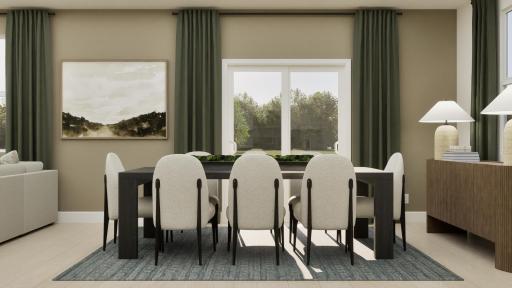(Rendering, actual home's finishes will vary.) Connected seamlessly to the Great Room and kitchen, the dining room provides a space for residents to enjoy meals at all times of day and night.