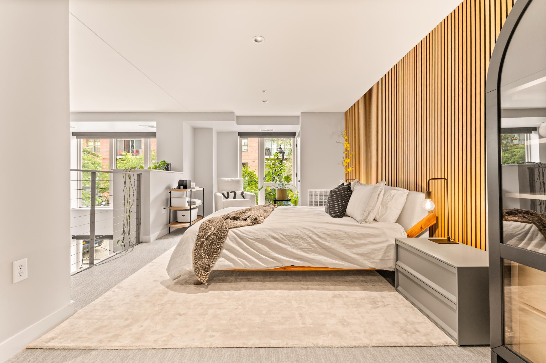 Loft Style Bedroom with Modern Slat Wall and Walk-In Closet / Nursery