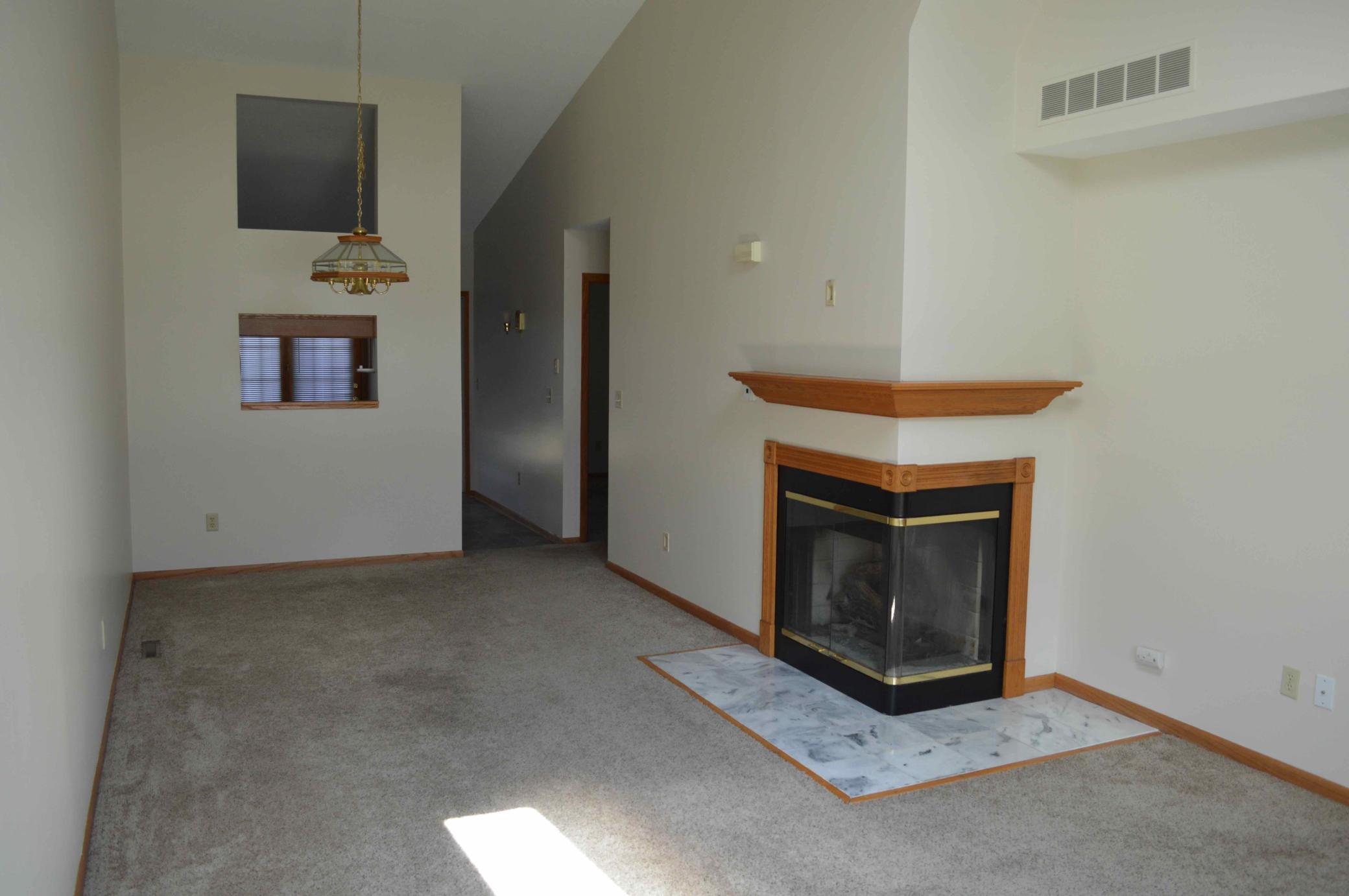 Fireplace and living area