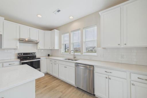 Beautiful kitchen with a spacious island, including solid surface counters with built ins with added storage. Stainless steel appliances, custom cabinets, upgraded window treatments, kitchen window overlooking large back yard & pond.