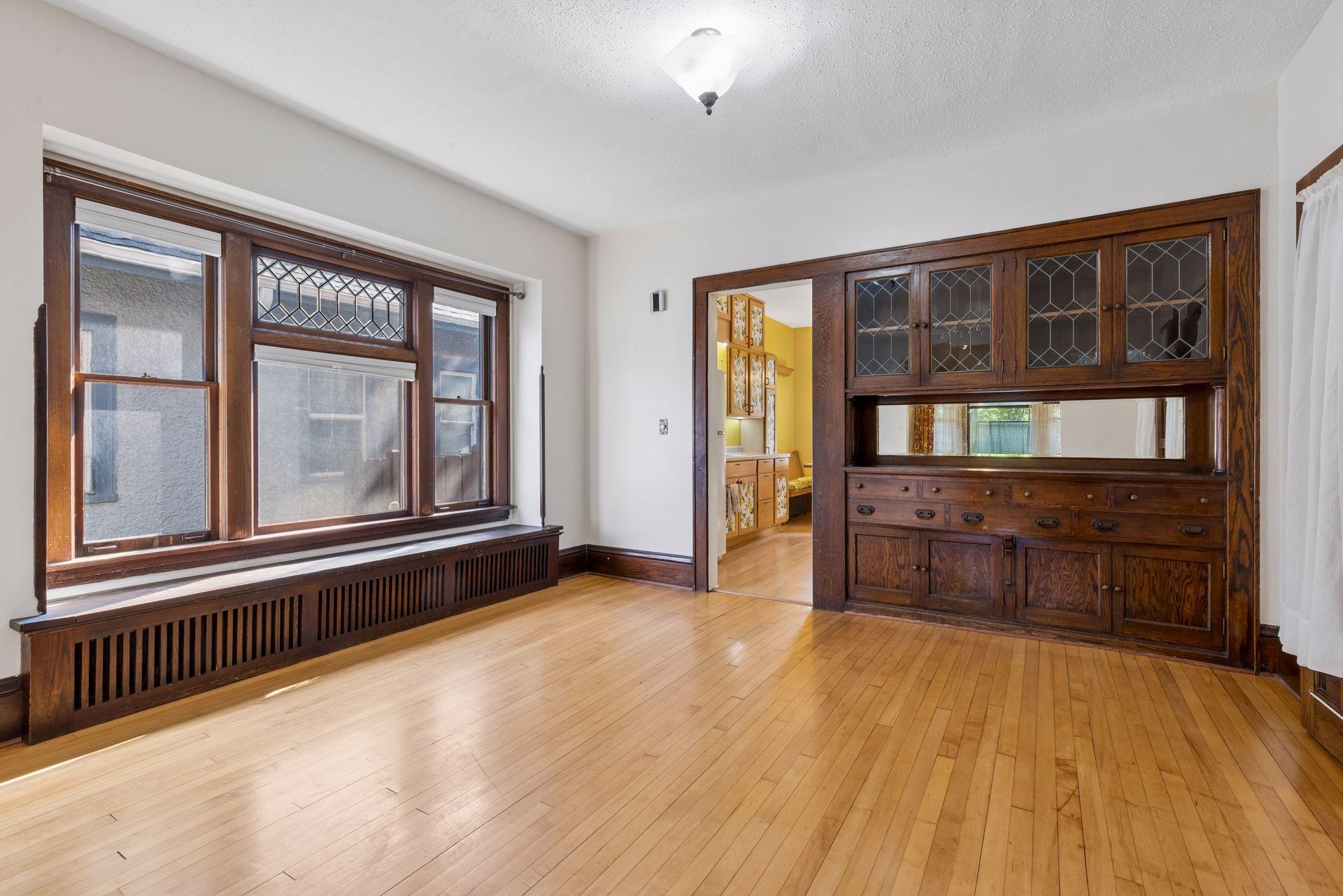 Built-in buffet and leaded glass windows