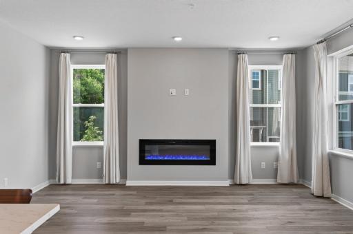 Living room with electric linear fireplace
