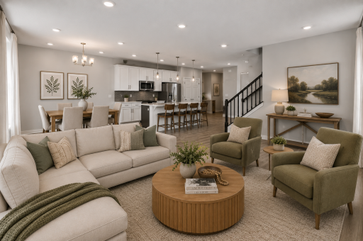 Virtually staged - views of the kitchen and dining room from the living room.