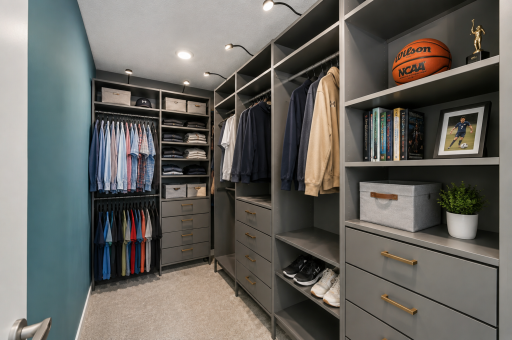 Primary walk-in closet with custom shelving for maximized organization!
