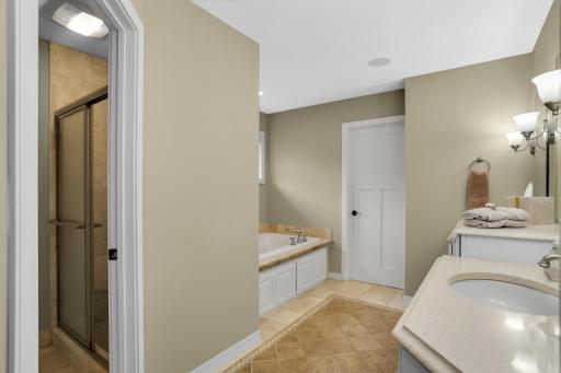 Spacious ownerâs suite bathroom with dual sinks, a Jacuzzi tub, private shower area, and walk-in closet with custom shelving.