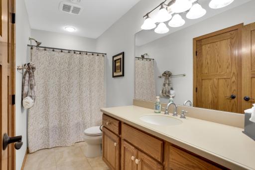 Lower-level full bathroom featuring elegant Cambria countertops and quality finishes.