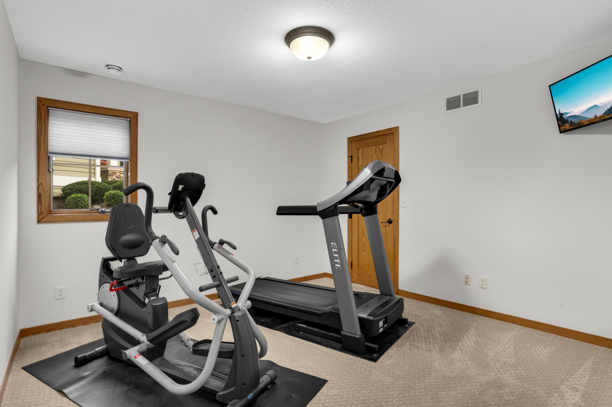 Versatile lower-level bedroom currently used as a spacious exercise room, offering flexibility to suit your lifestyle and needs.