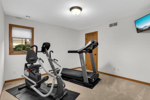Versatile lower-level bedroom currently used as a spacious exercise room, offering flexibility to suit your lifestyle and needs.