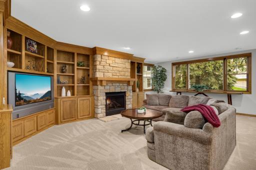 Open-concept lower level featuring a second gas fireplace, beautiful custom cabinetry, andabundant natural light streaming through oversized Andersen windows.