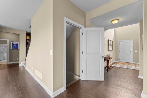 Formal front entry with stairs to the lower walk-out level.