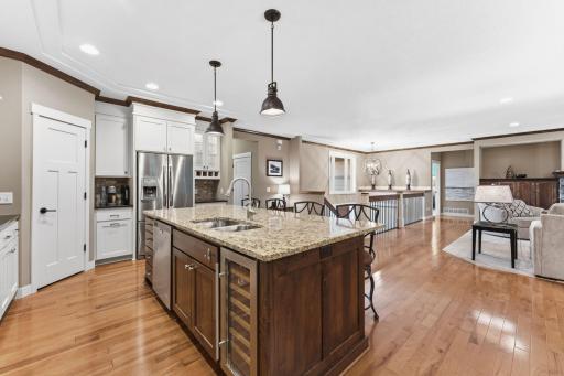 Large center island with beverage fridge.