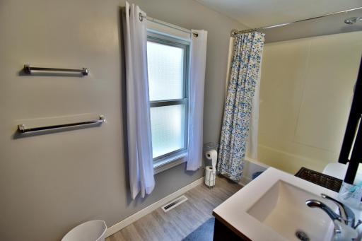 Privacy treatment on the bathroom windows to let in natural lighting