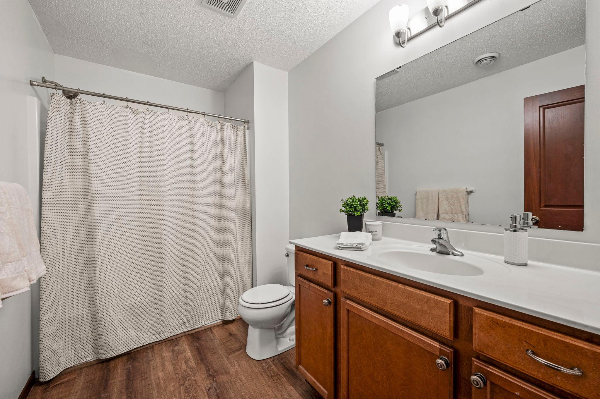 Lower level bathroom with tub and shower.