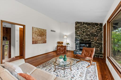 Enjoy the character and warm of the stone fireplace.