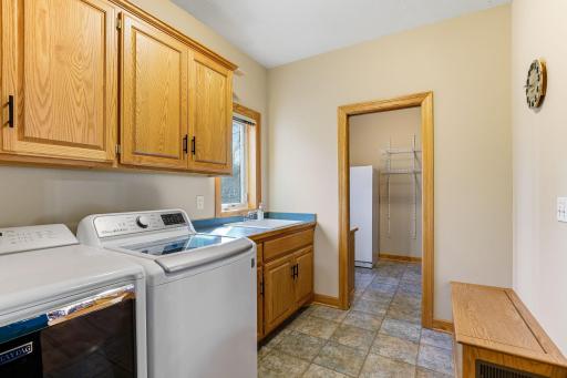 Walk-in pantry with space-saving pocket door conveniently accessed .the laundry room