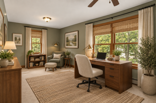 Upper 3rd bedroom shown as an office