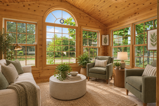 Lovely sunroom. Fully insulated with double pane windows. Wired for baseboard heating.