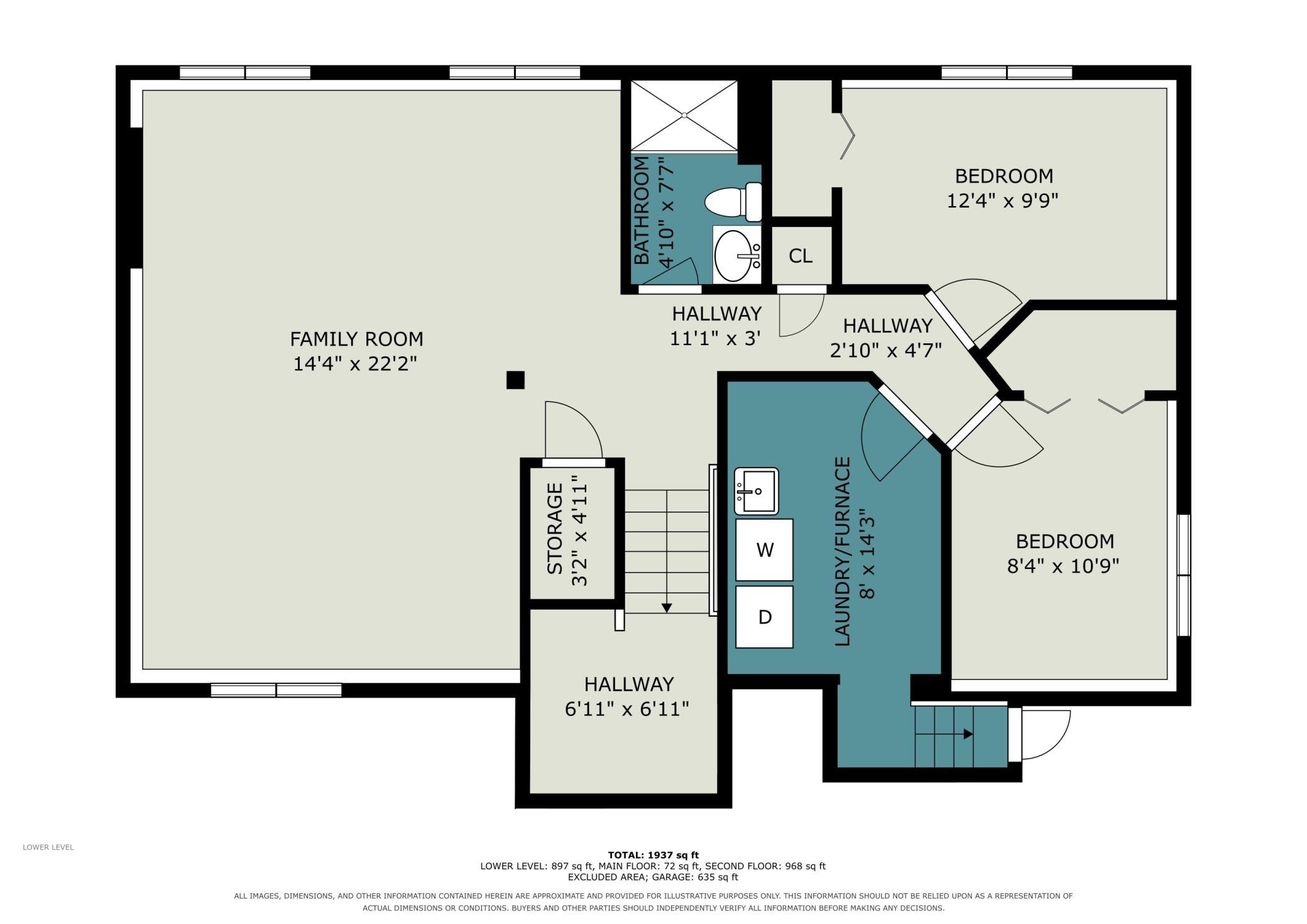 Lower-level floor plan showing the family room, two bedrooms, 3/4 bath, laundry, and garage access.