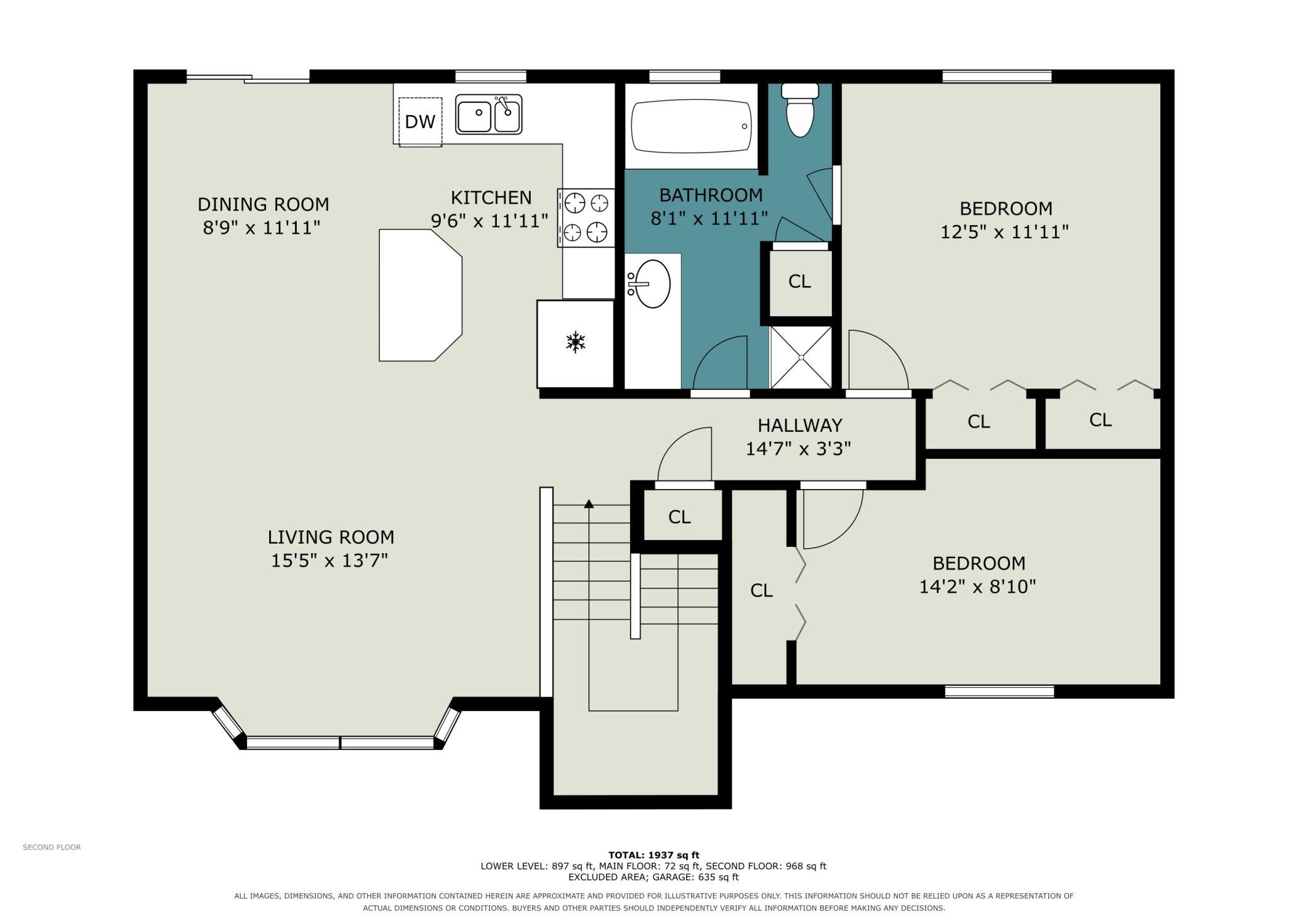 Main-level floor plan showing the open kitchen, dining, and living spaces, two bedrooms, and full bath.