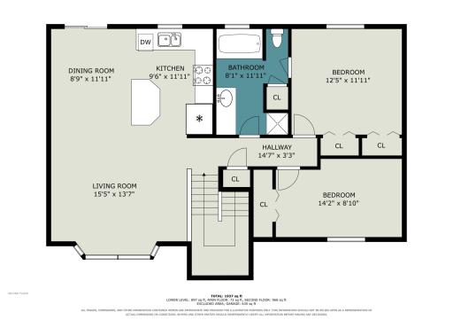 Main-level floor plan showing the open kitchen, dining, and living spaces, two bedrooms, and full bath.