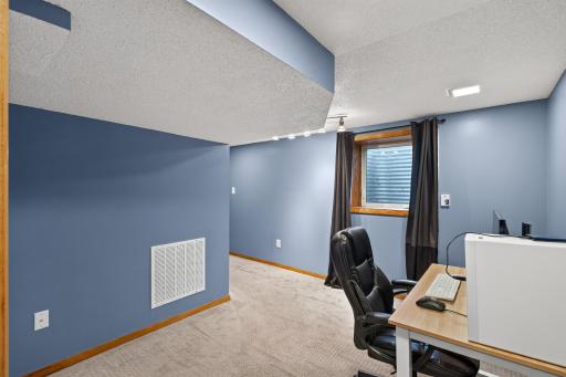 Another view of the lower level den/office space with an egress window