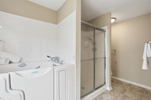 Separate shower and walk-in tub in the primary