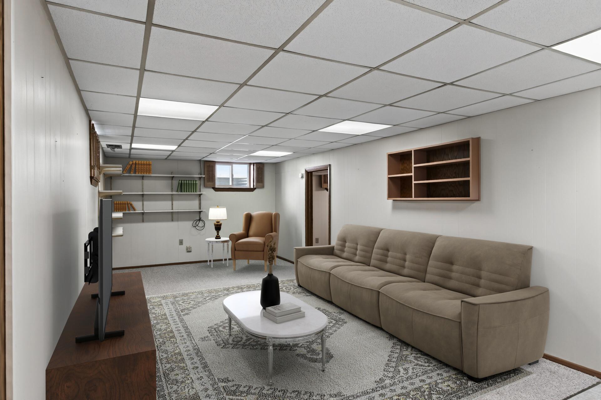 Basement family room virtually staged