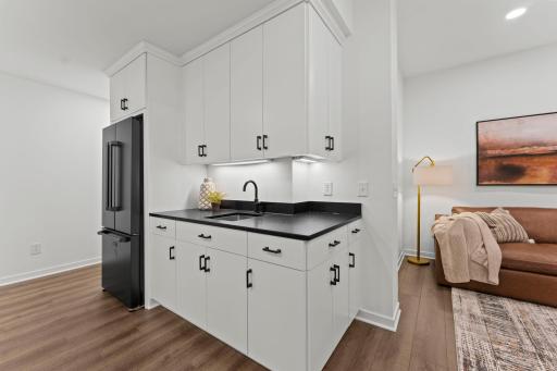 Lower level wet bar with new leathered granite countertop, Thor black stainless referigerator, and under cabinet lighting