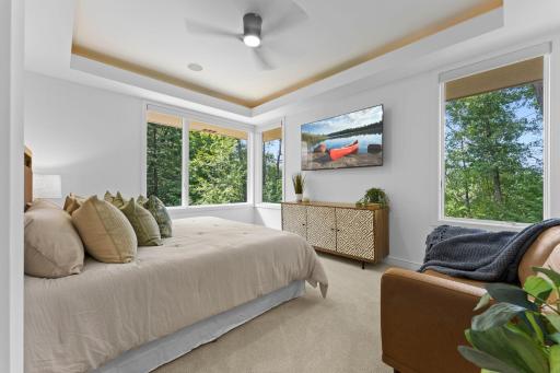 Main floor primary suite with walls of glass and custom power black out blinds