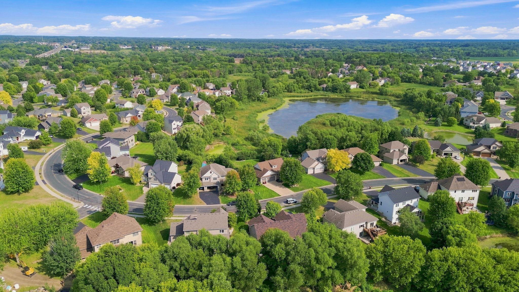 The aerial view shows the ponds throughout the Westridge Hills neighborhood.