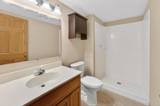 Lower-level bathroom offers a walk-in shower, spacious vanity, and functional layout ideal for guests or everyday use.