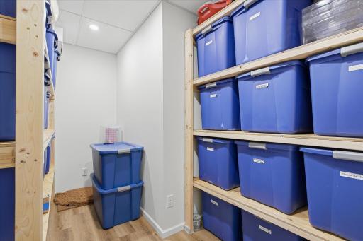 The storage room features LVP flooring & three recessed lights and the shelves are INCLUDED!