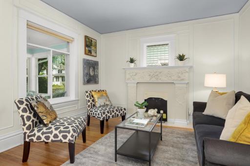Decorative "fireplace" is focal point of living room