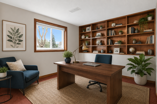 Lower bedroom, virtually staged