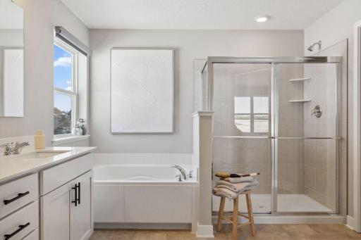 A second peak inside the bathroom off the Primary Suite. Notice the extra high cabinets and double-bowl Quartz covered vanity with loads of storage. Photo of a model home, color & options will vary.