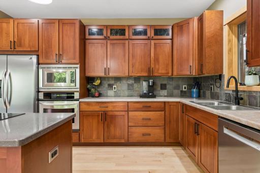 Slate backsplash to accent the workspace.