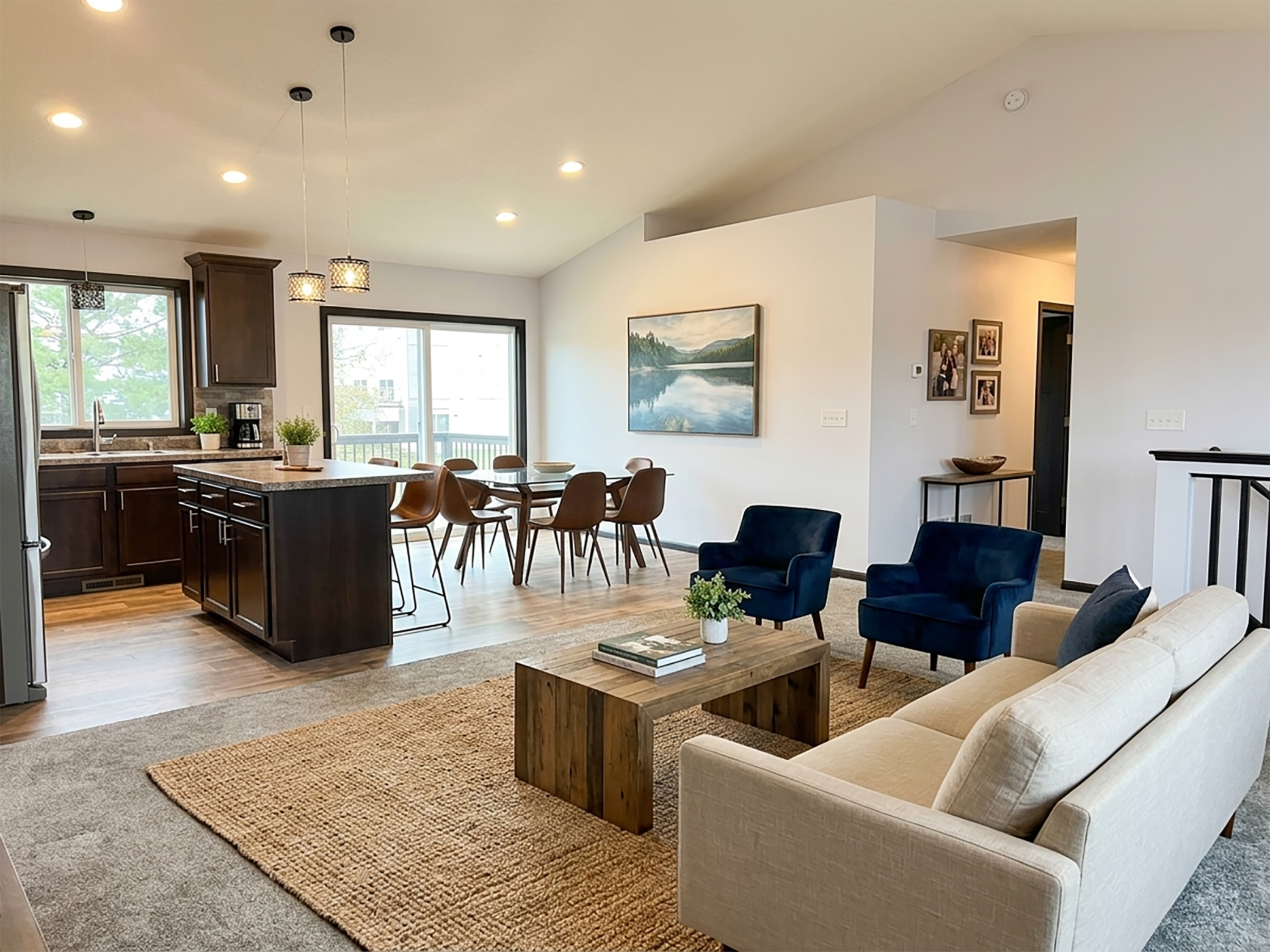 Open floor concept with kitchen, eat-in and living area. Virtually staged