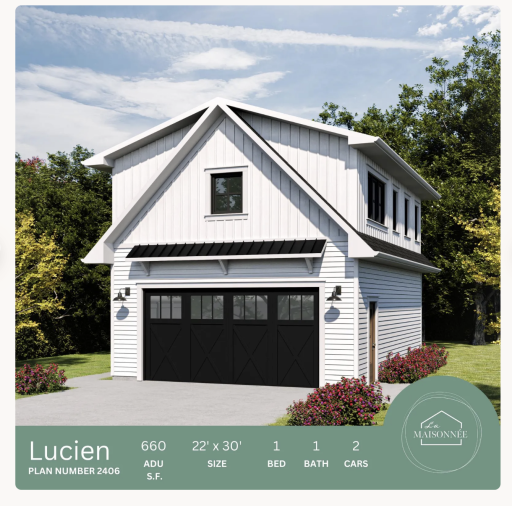 approved detached 22â x 30â garage with living quarters, providing approximately 660 square feet with a 1-bedroom, 1-bath layout and room for two vehicles