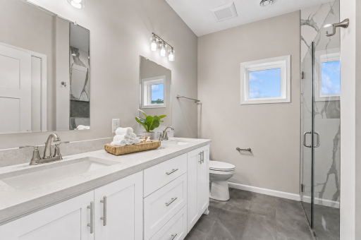 Ensuite with double sinks and curbless shower - Choose cabinet stain or go white! Choose your countertop - quartz or granite. Photos from similar home.