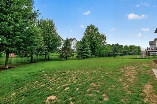 This spacious backyard is fully fenced and beautifully treed, offering plenty of room for games, pets, and outdoor fun for the whole family.