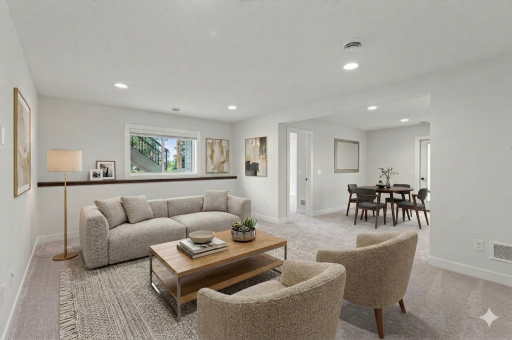 Bright look-out windows fill this spacious lower level family room with natural light, offering huge living space plus room for a card table for family game nights.