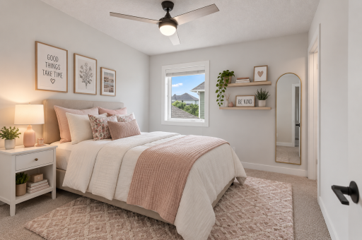 The 'Princess Suite', the second bedroom on the upper level features its own full bathroom. Virtually staged.