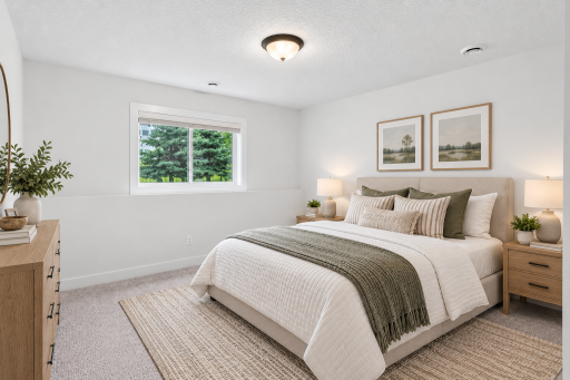 Virtually staged lower level 5th bedroom. Perfect set up for guests with a wet bar and bathroom across the hall! Virtually staged.