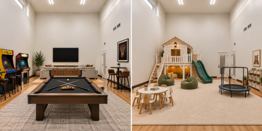 Reimagine this incredible sport court as an epic rec room or indoor kidsâ playground; bring the friends, fun, and energy indoors all winter long! **Virtually staged for idea purposes**
