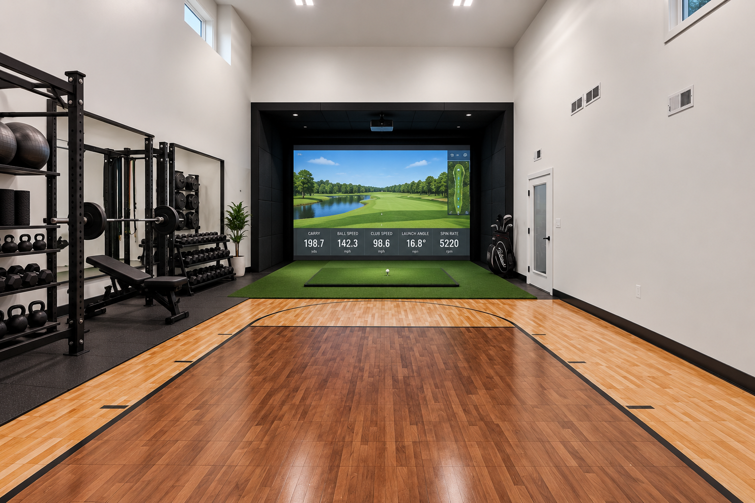 This huge space has been reimaged and virtually staged into an exercise room and a golf simulator! Image the fun to be head all winter long! VIRTUALLY STAGED