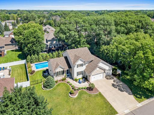 A bird’s-eye view highlighting the home’s wonderful setting in sought-after Royal Oak Estates West.