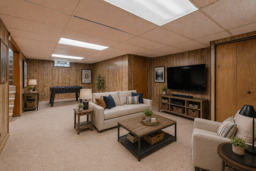 Create a cozy basement - AI staged