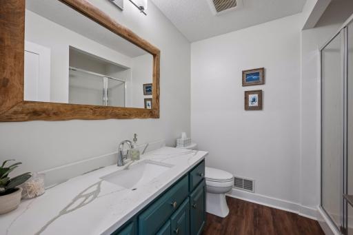The updated lower-level three-quarter bath features a contemporary vanity and walk-in shower.