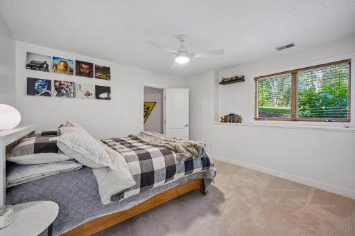 This lower-level bedroom features a large window, neutral finishes, and a very spacious walk-in closet.
