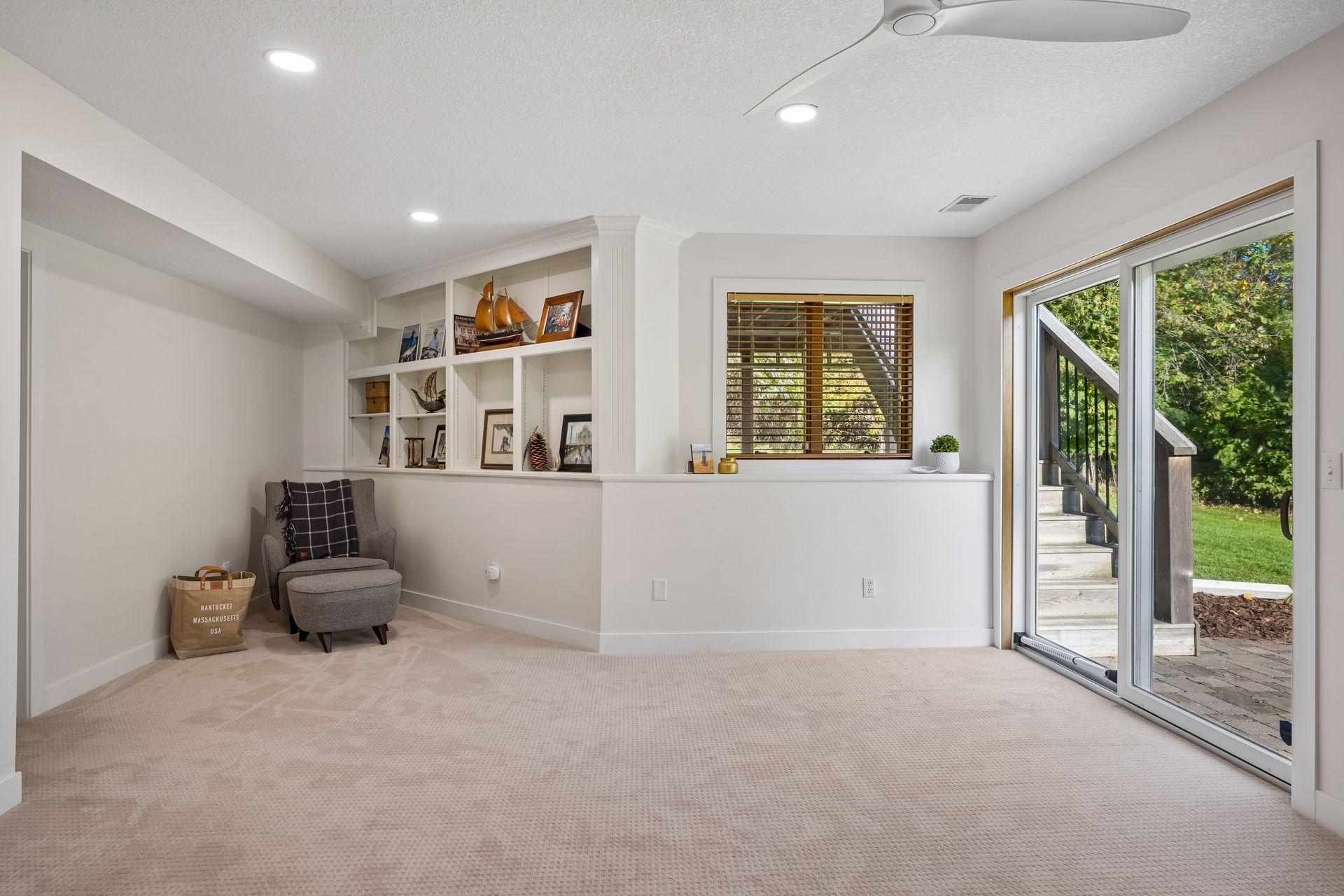 The family room layout provides a great reading nook with the built-in bookcase.